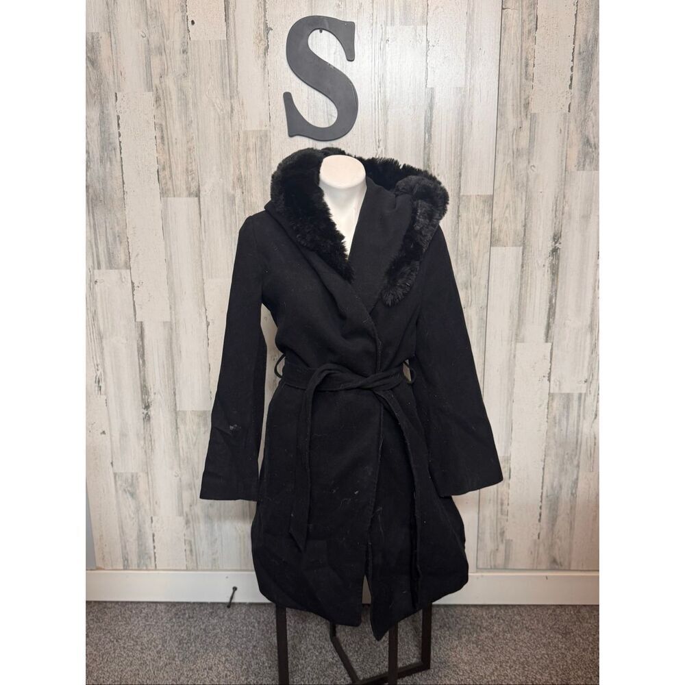 H&M Black Trench Coat Small | Faux Fur Collar Hooded Belted Winter Coat